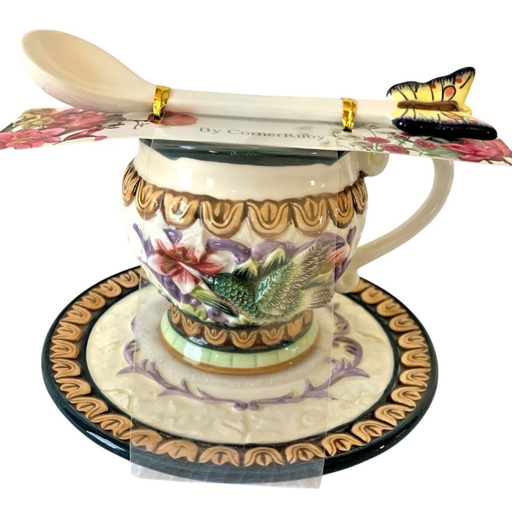 CornerRuby Botanical Collection Hummingbird Tea Cup Saucer Spoon Set Ceramic New